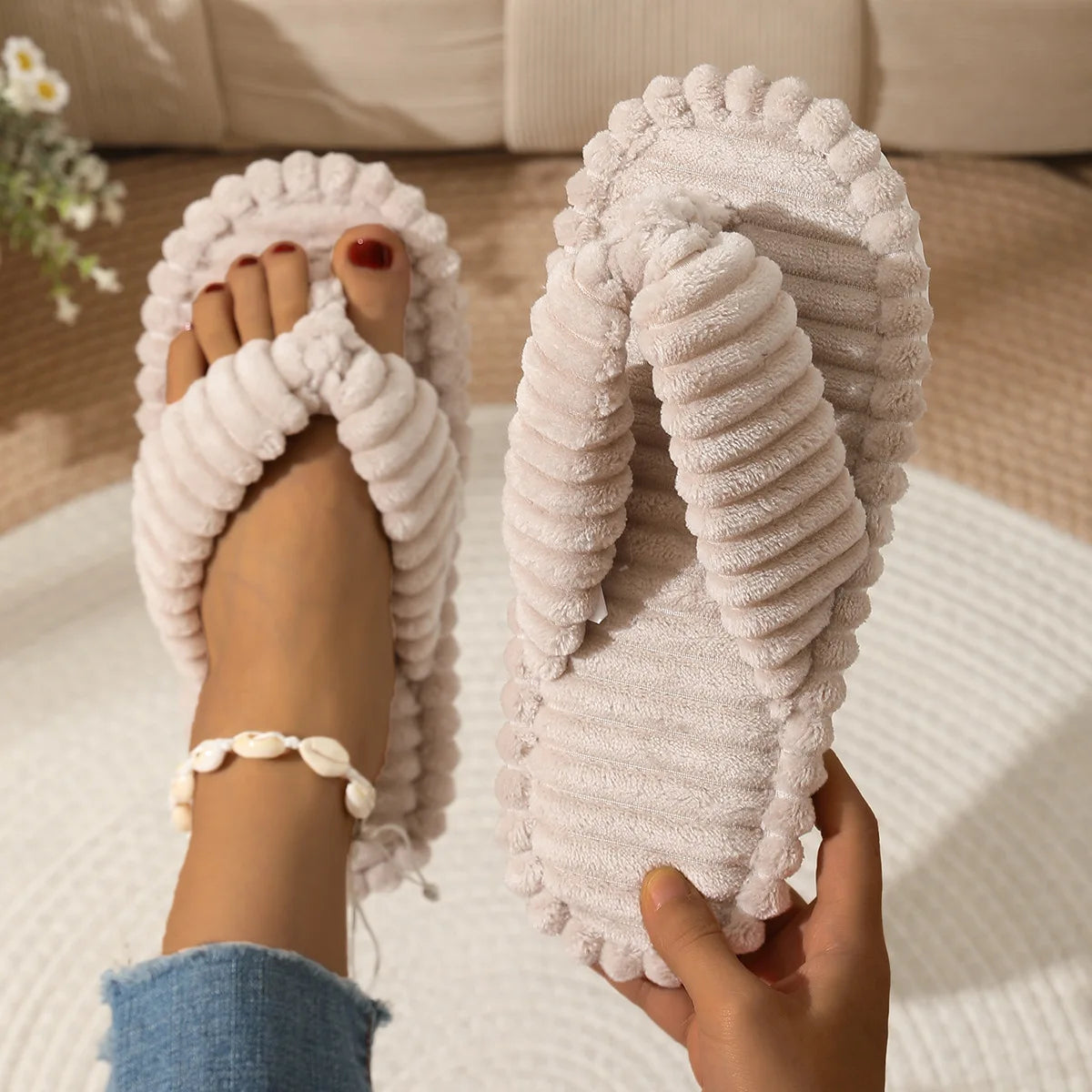 Women's Corduroy Plush Slippers – Warm Winter Flip-Flop House Shoes