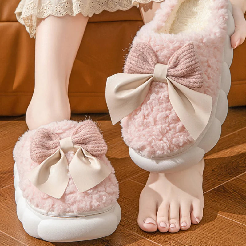 Women's Winter Fur Slippers – Cute Bow Plush Non-Slip House Shoes