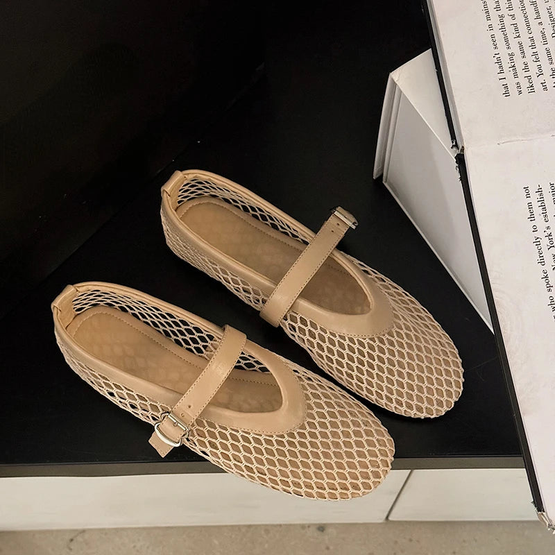 Women's Cut-Out Mary Jane Flats – Round Toe Casual Fishnet Shoes
