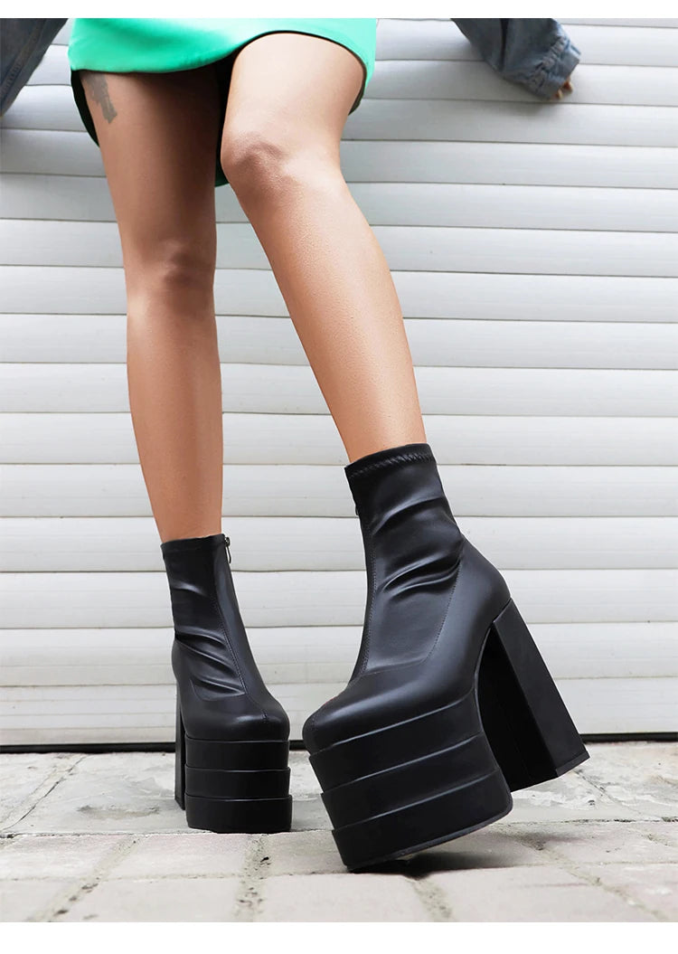 Women's Ultra-High Platform Ankle Boots – Square Toe Hollow-Out Chunky Heel Shoes