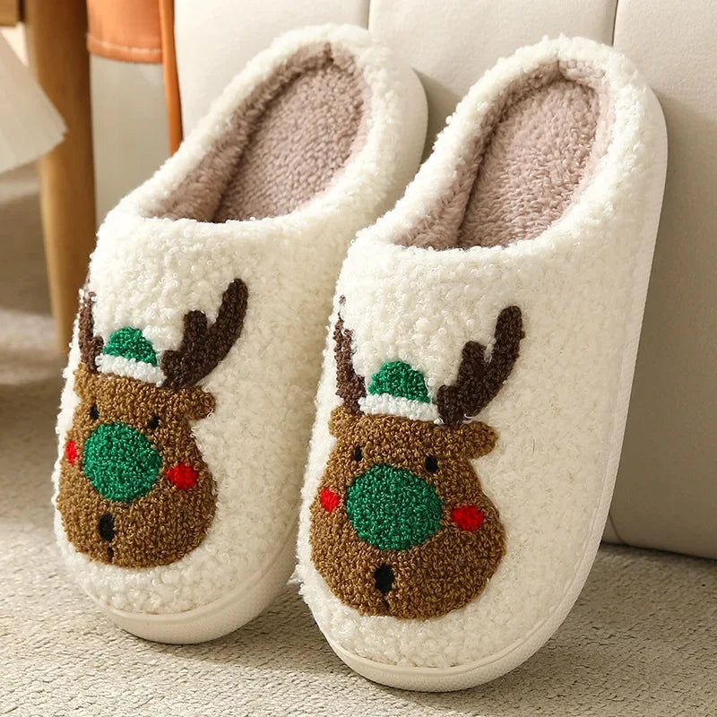 Christmas Reindeer Slippers for Men & Women – Warm Plush Non-Slip Winter House Shoes