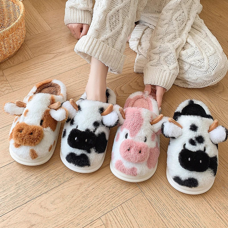 Women's Fluffy Cow Slippers – Cute Cartoon Plush Winter Platform House Shoes