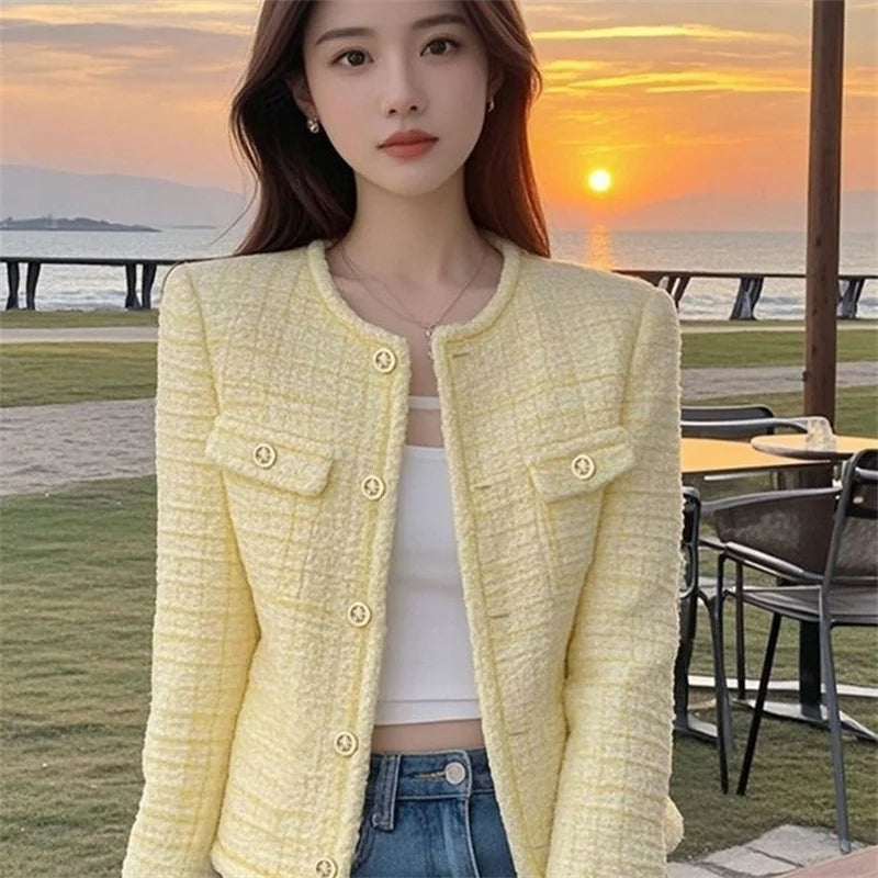 Women's Elegant Fragrance Jacket – O-Neck Long Sleeve Single-Breasted Short Outerwear
