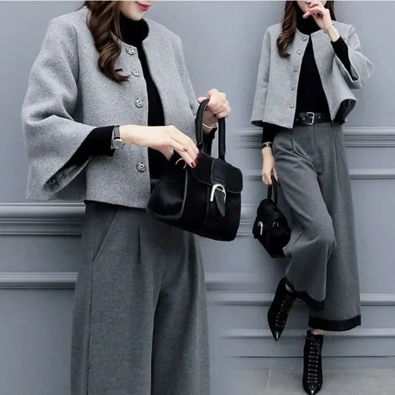 Women's Winter Tweed Pants Set – Elegant Short Jacket & Wide-Leg Trousers 2-Piece Outfit