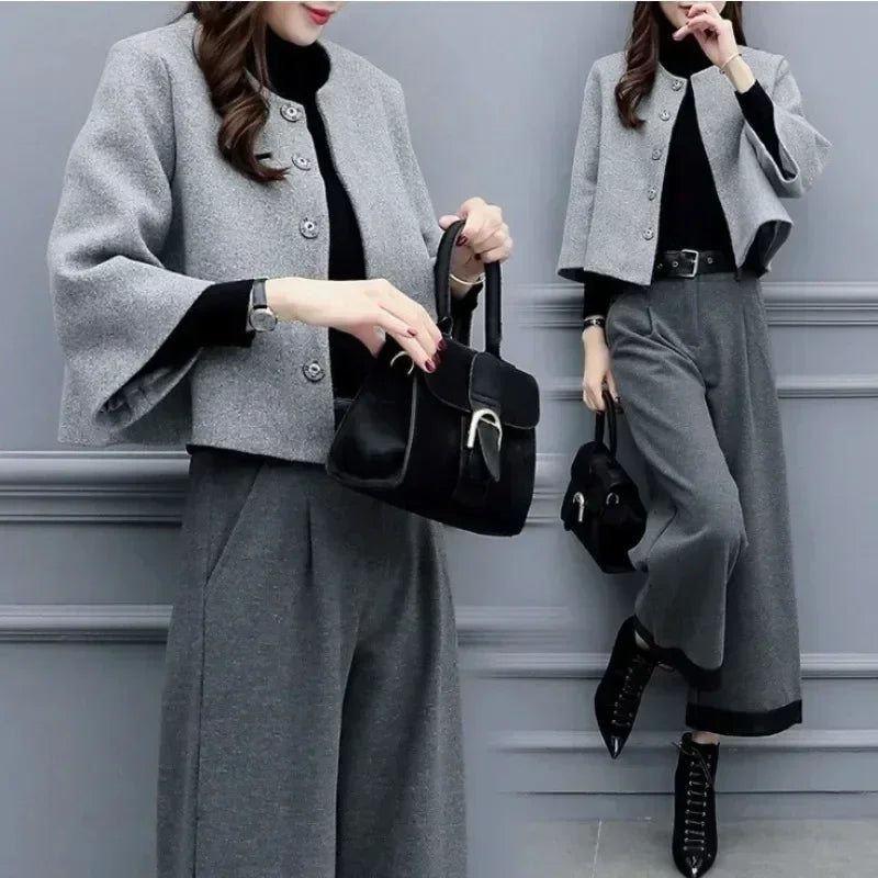 Women's Winter Tweed Pants Set – Elegant Short Jacket & Wide-Leg Trousers 2-Piece Outfit
