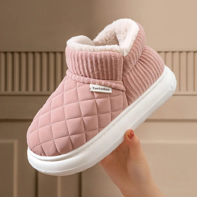 Winter Warm Cotton Slippers – Thick-Soled Fleece-Lined Non-Slip Outdoor Shoes