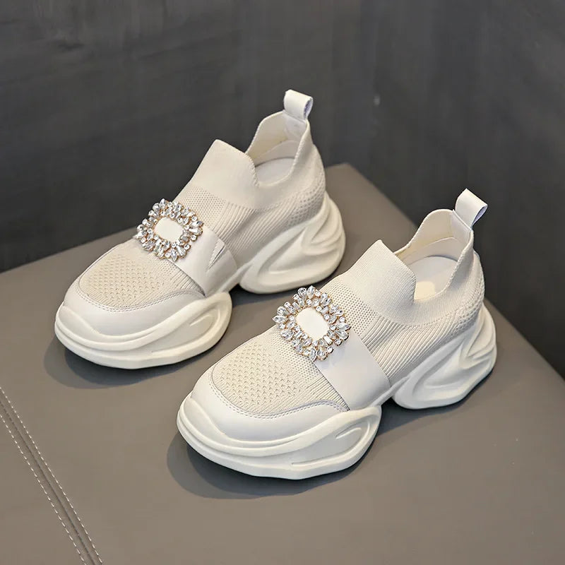 Women's Platform Rhinestone Sneakers – Spring Summer Fashion Slip-On Sports Casual Shoes, Breathable Mesh Walking Sneakers for Women