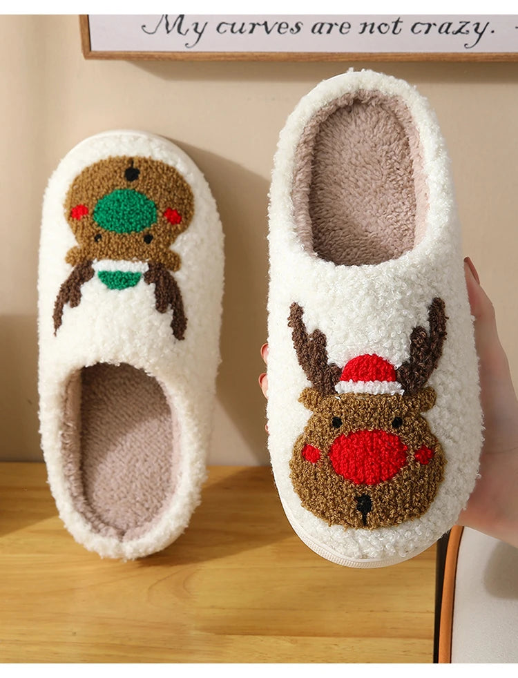 Christmas Reindeer Slippers for Men & Women – Warm Plush Non-Slip Winter House Shoes