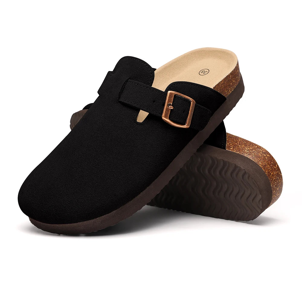 Litfun Women's Cork Clogs – Suede Mules with Arch Support & Non-Slip Sole