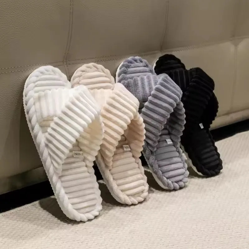Women's Corduroy Plush Slippers – Warm Winter Cross-Strap Indoor Home Slides
