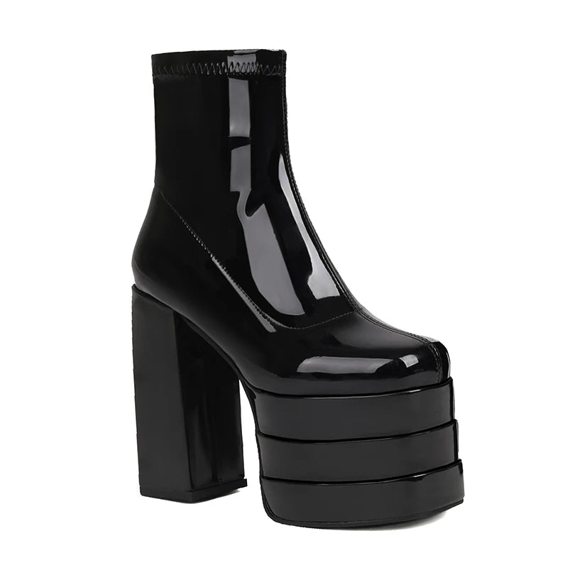 Women's Ultra-High Platform Ankle Boots – Square Toe Hollow-Out Chunky Heel Shoes