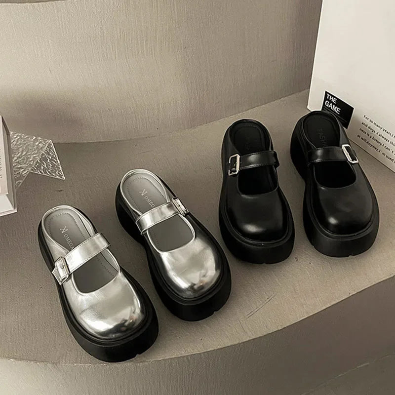 Platform Mules Shoes Women Slingback Slippers Shoe Spring Autumn New Casual Walking Chunky High Heels Buckle Ladies Half Slipper