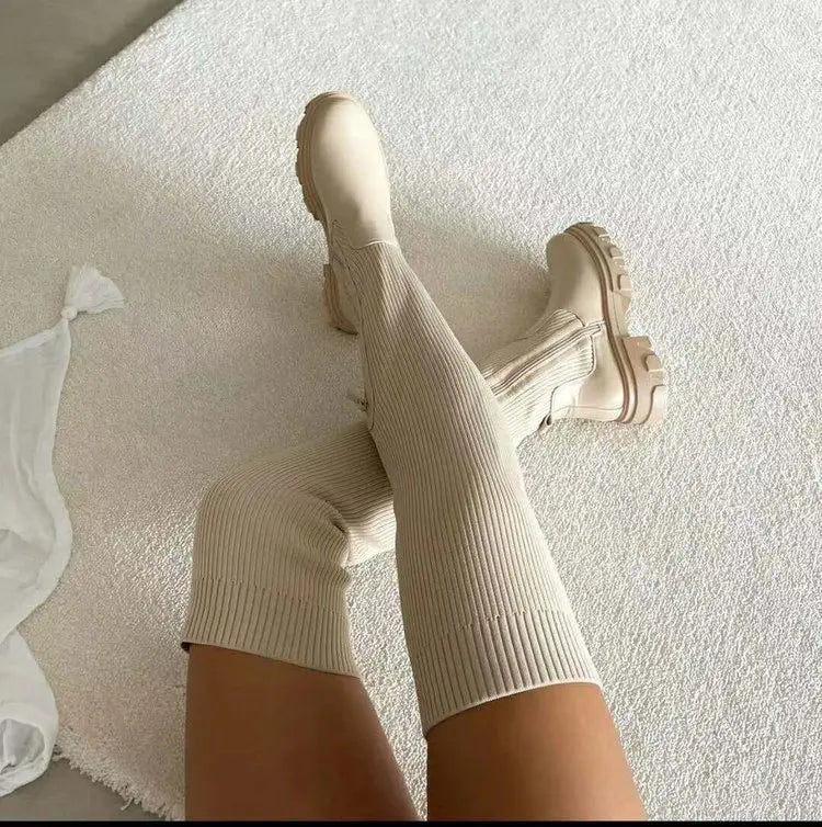 Women's Over-the-Knee Platform Boots – Stretch Sock Boots with Thick Heel