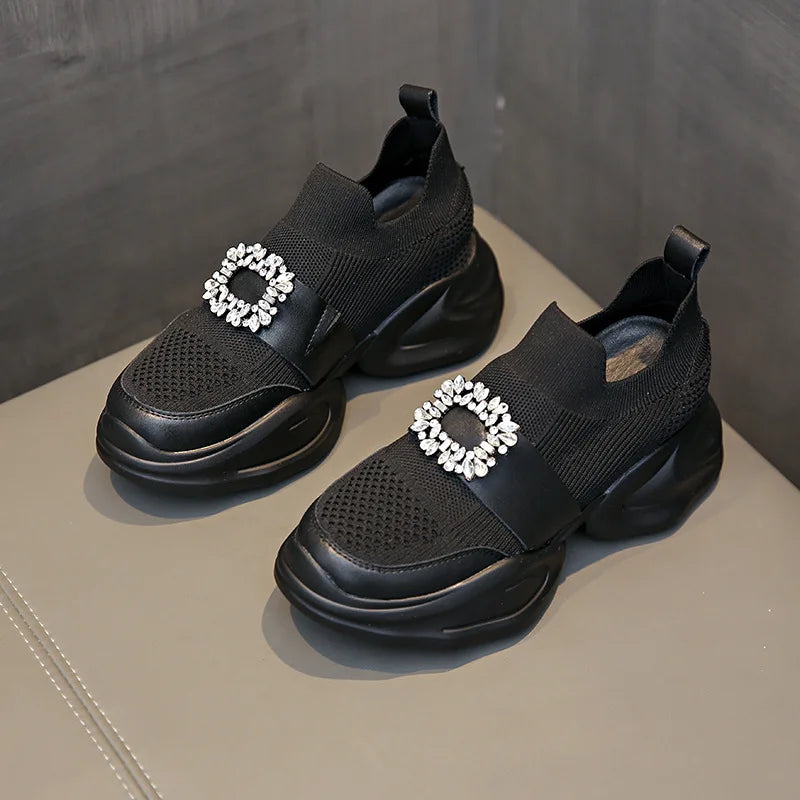 Women's Platform Rhinestone Sneakers – Spring Summer Fashion Slip-On Sports Casual Shoes, Breathable Mesh Walking Sneakers for Women