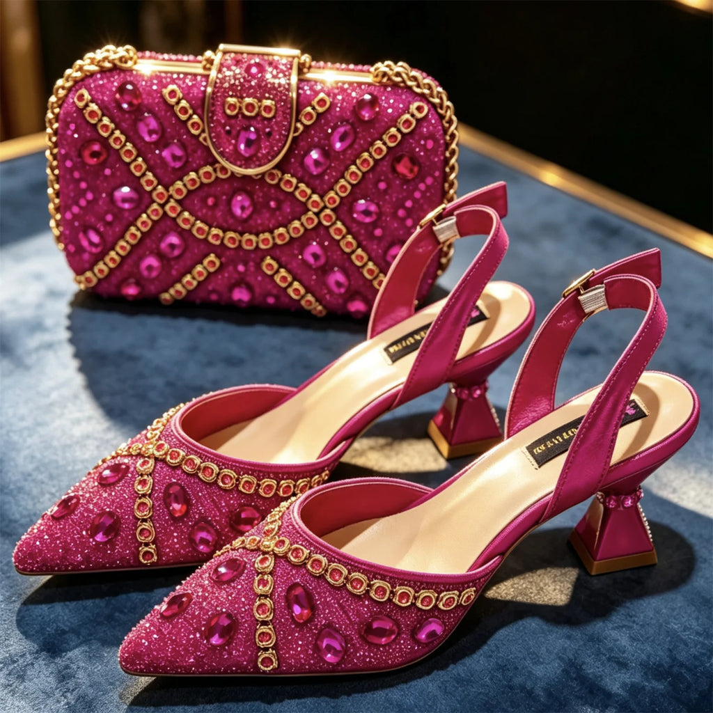 Women's Purple & Gold High Heel Pumps with Matching Bag – Elegant Wedding Shoe Set