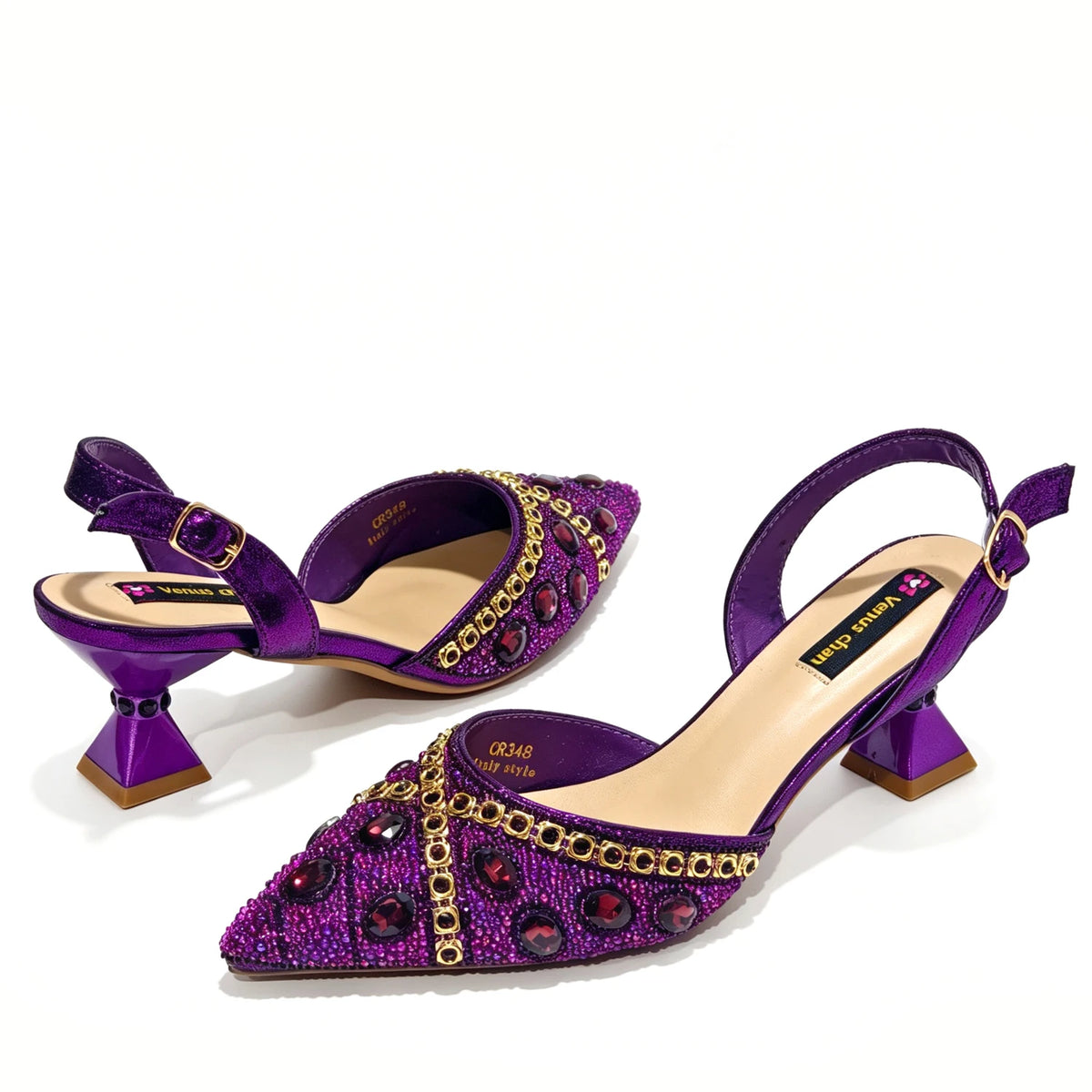 Women's Purple & Gold High Heel Pumps with Matching Bag – Elegant Wedding Shoe Set