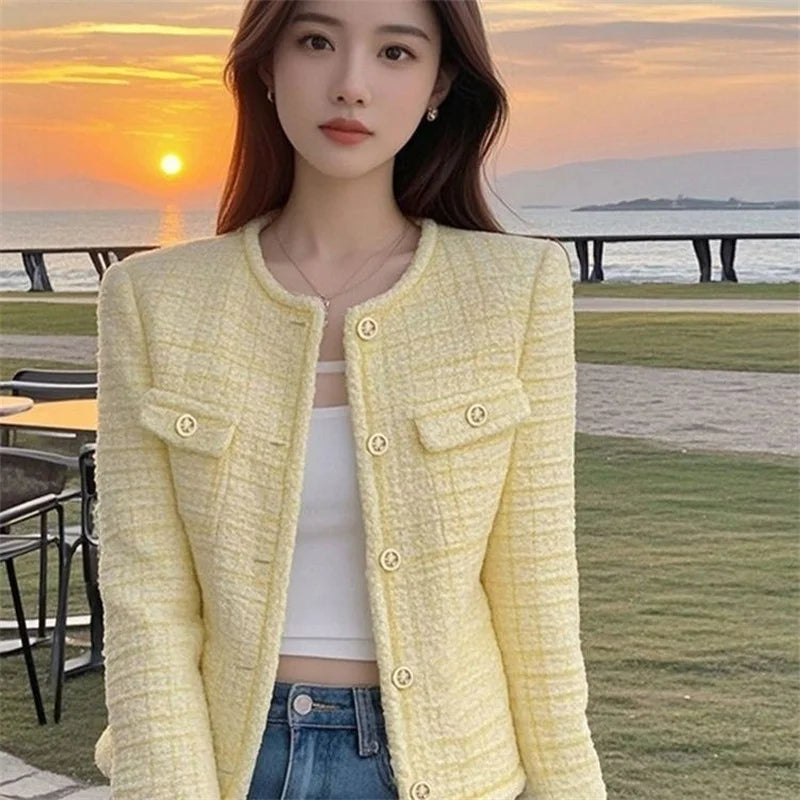 Women's Elegant Fragrance Jacket – O-Neck Long Sleeve Single-Breasted Short Outerwear