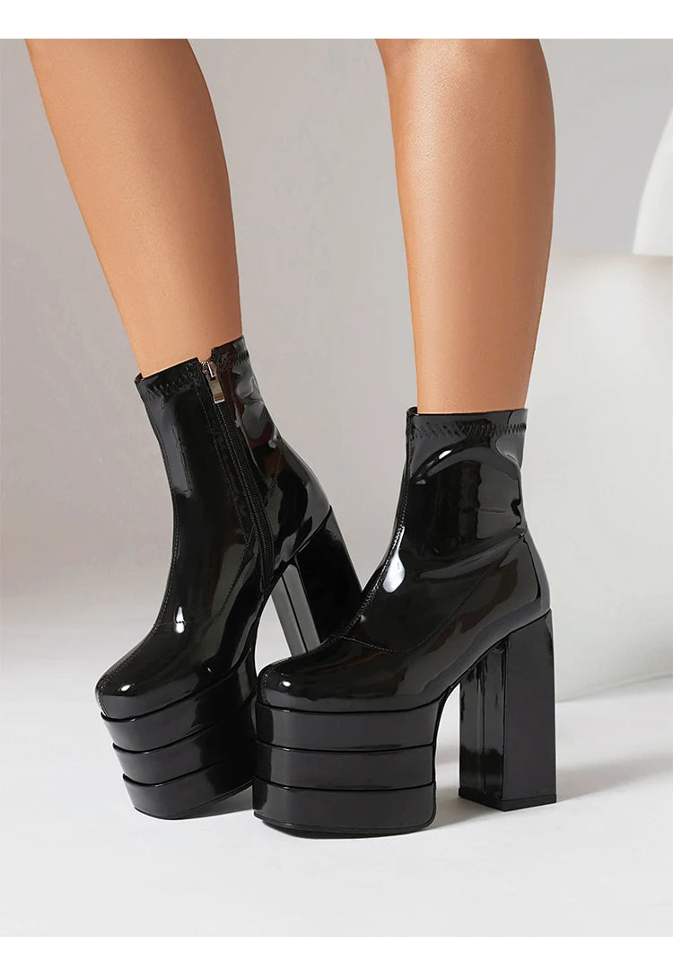Women's Ultra-High Platform Ankle Boots – Square Toe Hollow-Out Chunky Heel Shoes
