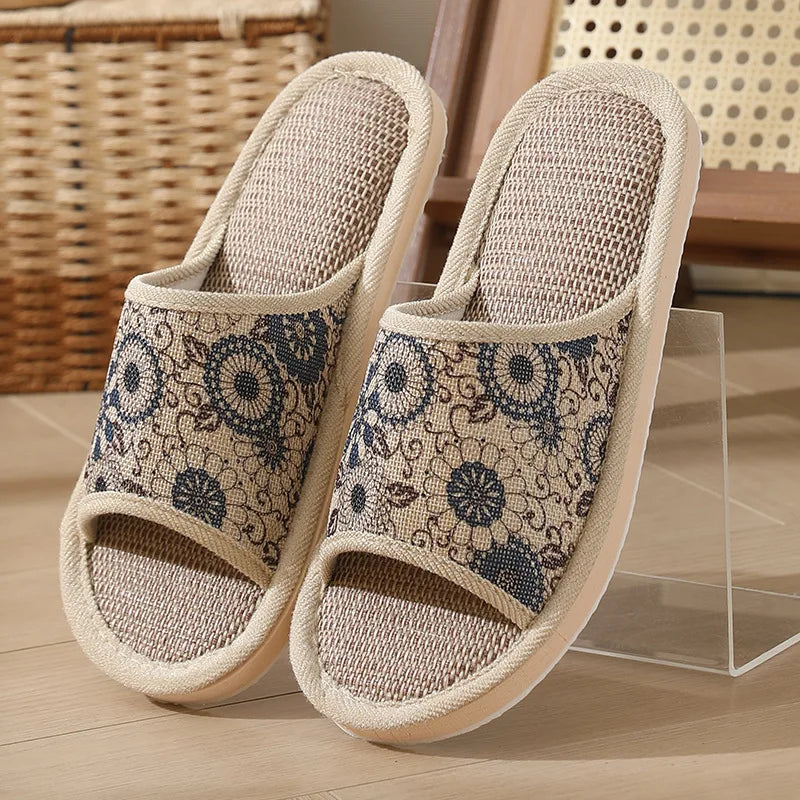 Women's Autumn Winter Linen Slippers – Thick-Soled Open-Toe EVA Home Sandals