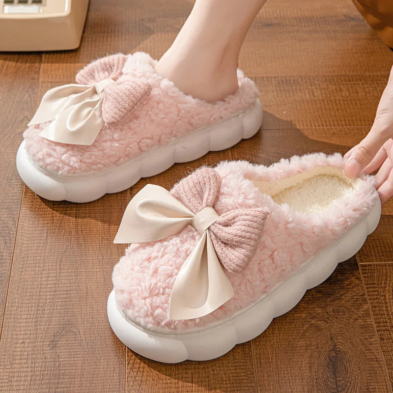Women's Winter Fur Slippers – Cute Bow Plush Non-Slip House Shoes