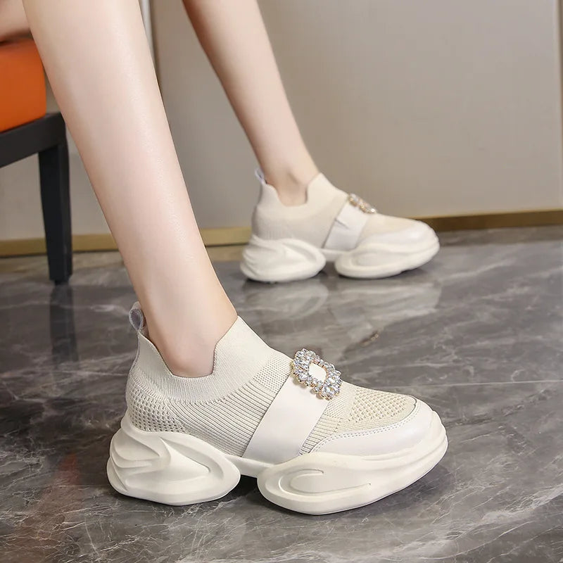 Women's Platform Rhinestone Sneakers – Spring Summer Fashion Slip-On Sports Casual Shoes, Breathable Mesh Walking Sneakers for Women
