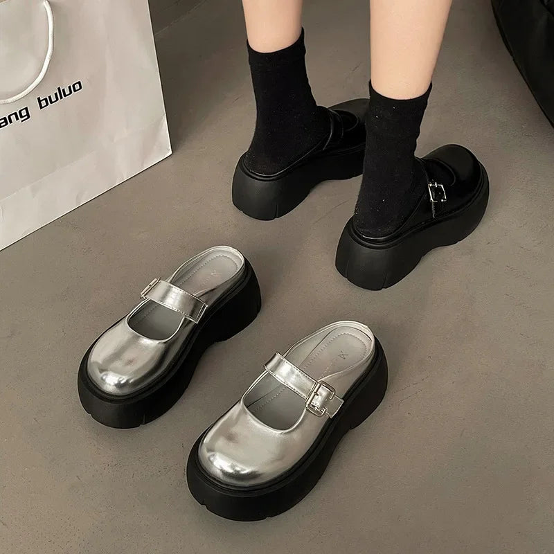Platform Mules Shoes Women Slingback Slippers Shoe Spring Autumn New Casual Walking Chunky High Heels Buckle Ladies Half Slipper
