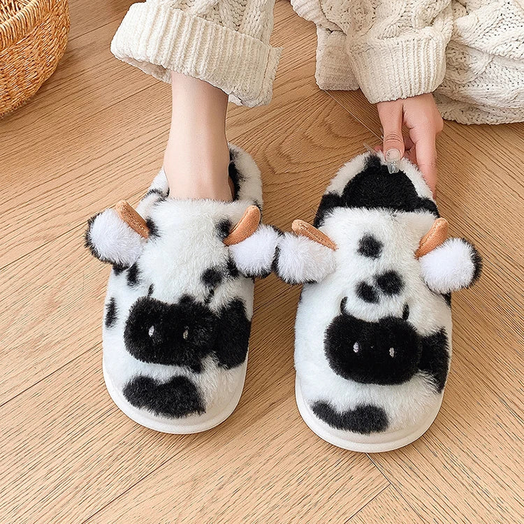 Women's Fluffy Cow Slippers – Cute Cartoon Plush Winter Platform House Shoes