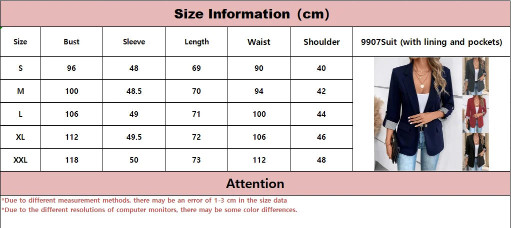 Women's Slim-Fit Button-Up Jacket – Casual Rolled-Sleeve Fashion Blazer