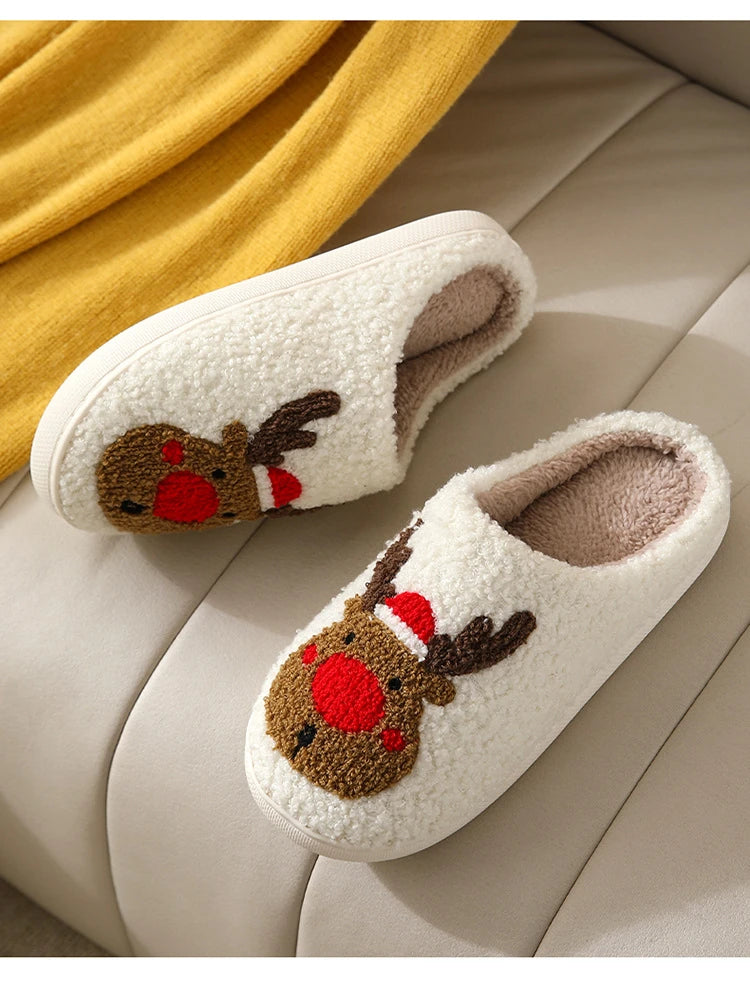 Christmas Reindeer Slippers for Men & Women – Warm Plush Non-Slip Winter House Shoes