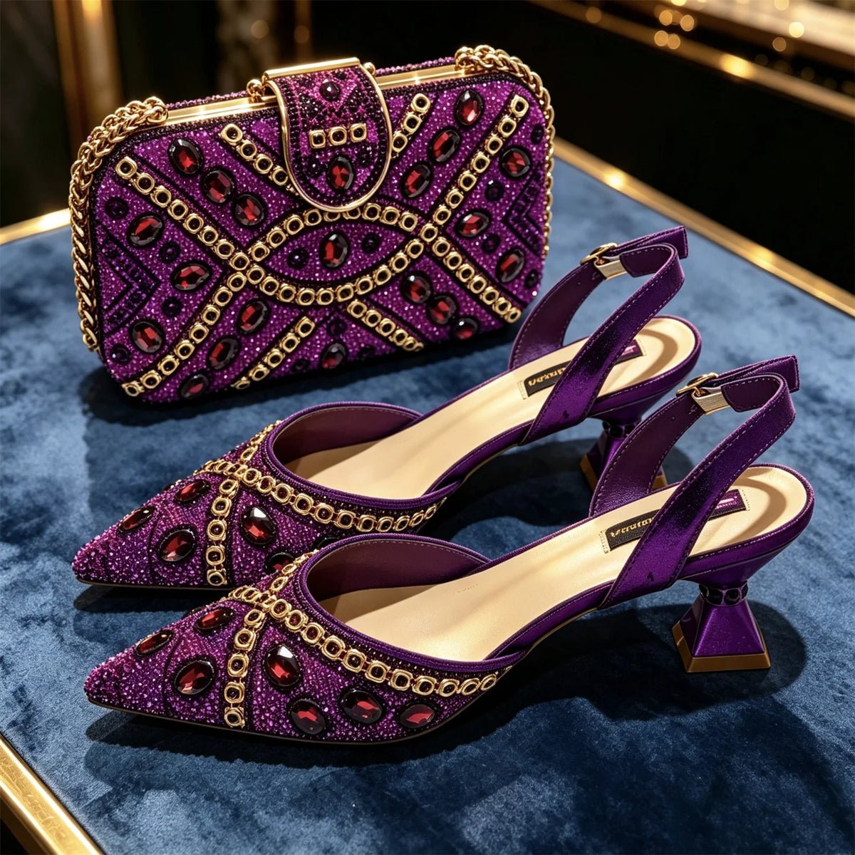 Women's Purple & Gold High Heel Pumps with Matching Bag – Elegant Wedding Shoe Set