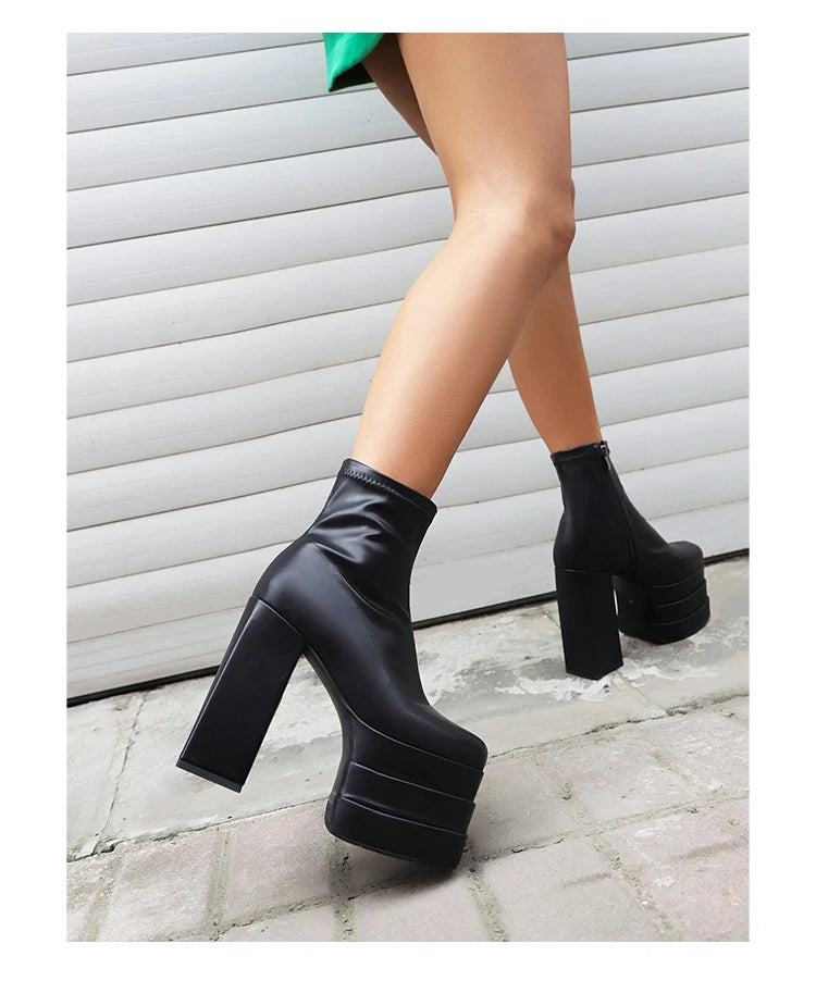 Women's Ultra-High Platform Ankle Boots – Square Toe Hollow-Out Chunky Heel Shoes