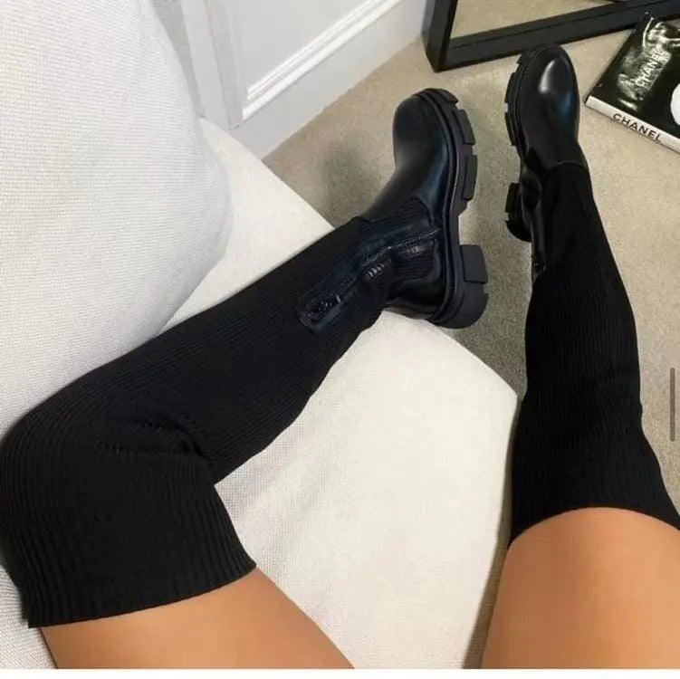 Women's Over-the-Knee Platform Boots – Stretch Sock Boots with Thick Heel