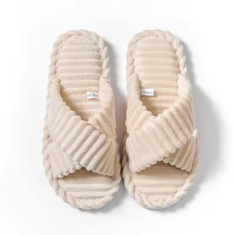 Women's Corduroy Plush Slippers – Warm Winter Cross-Strap Indoor Home Slides