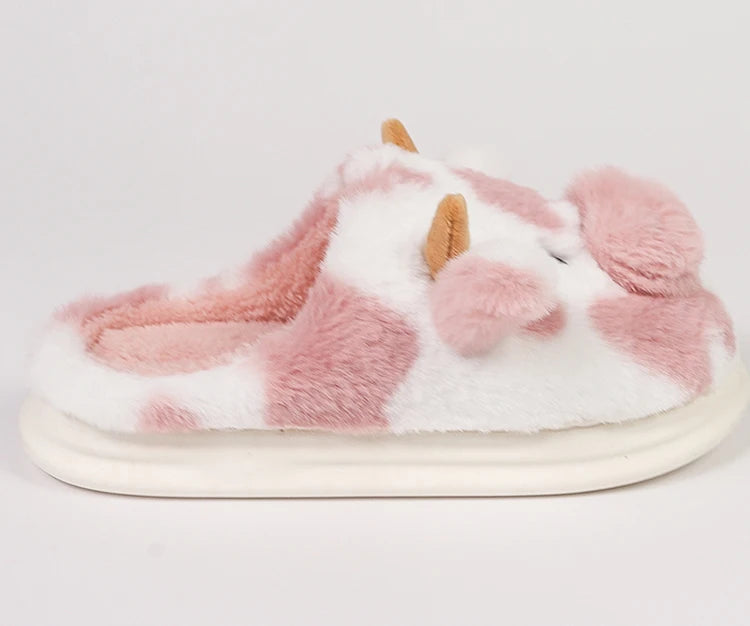 Women's Fluffy Cow Slippers – Cute Cartoon Plush Winter Platform House Shoes