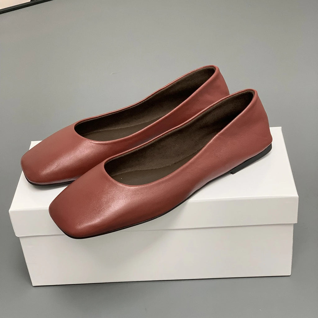 Women's Genuine Leather Ballet Flats – Square Toe Slip-On Designer Casual Shoes