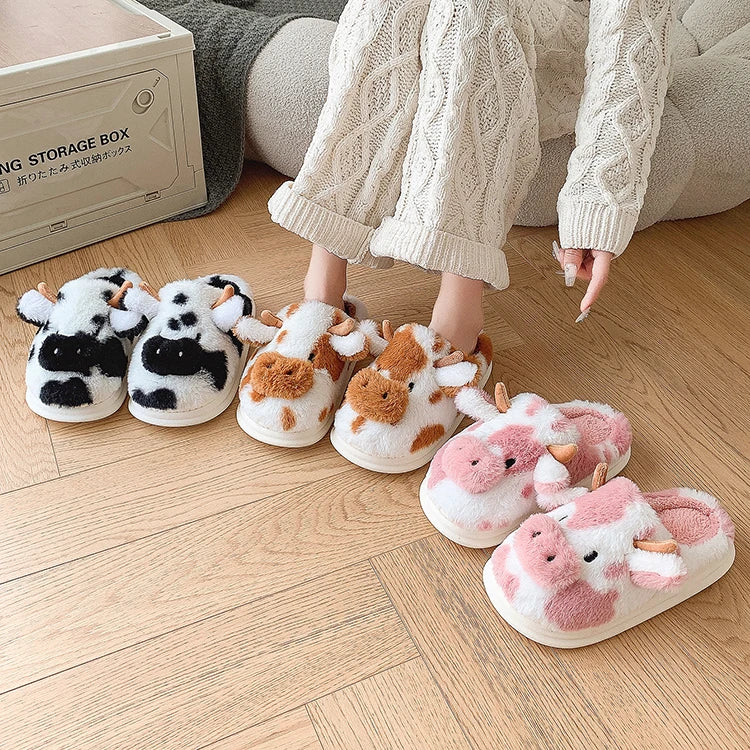 Women's Fluffy Cow Slippers – Cute Cartoon Plush Winter Platform House Shoes