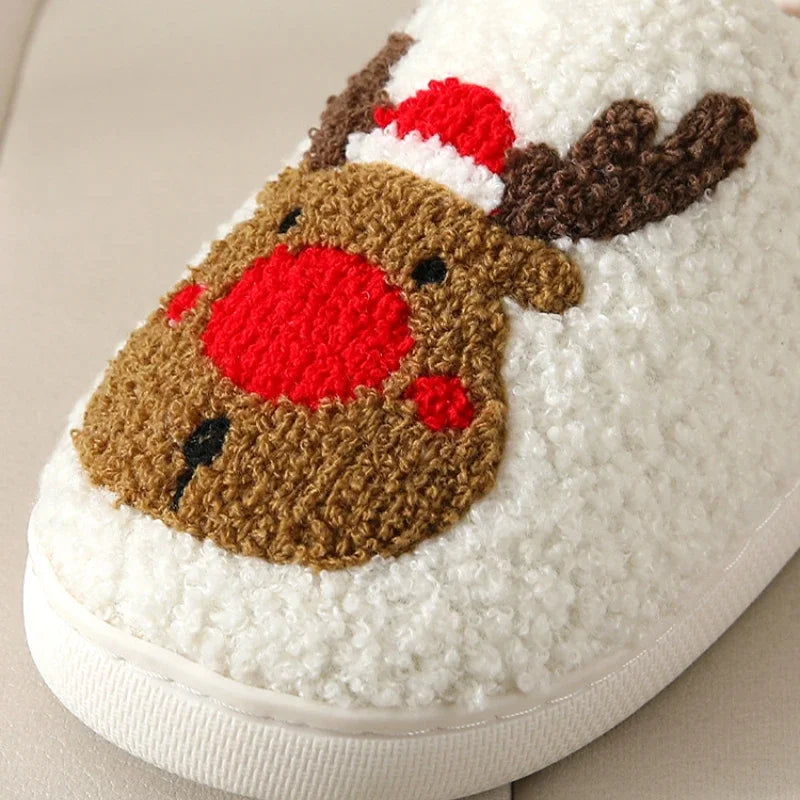 Christmas Reindeer Slippers for Men & Women – Warm Plush Non-Slip Winter House Shoes
