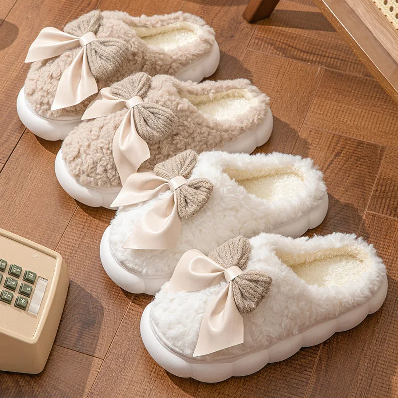 Women's Winter Fur Slippers – Cute Bow Plush Non-Slip House Shoes
