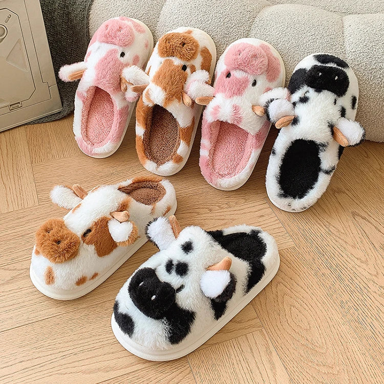 Women's Fluffy Cow Slippers – Cute Cartoon Plush Winter Platform House Shoes