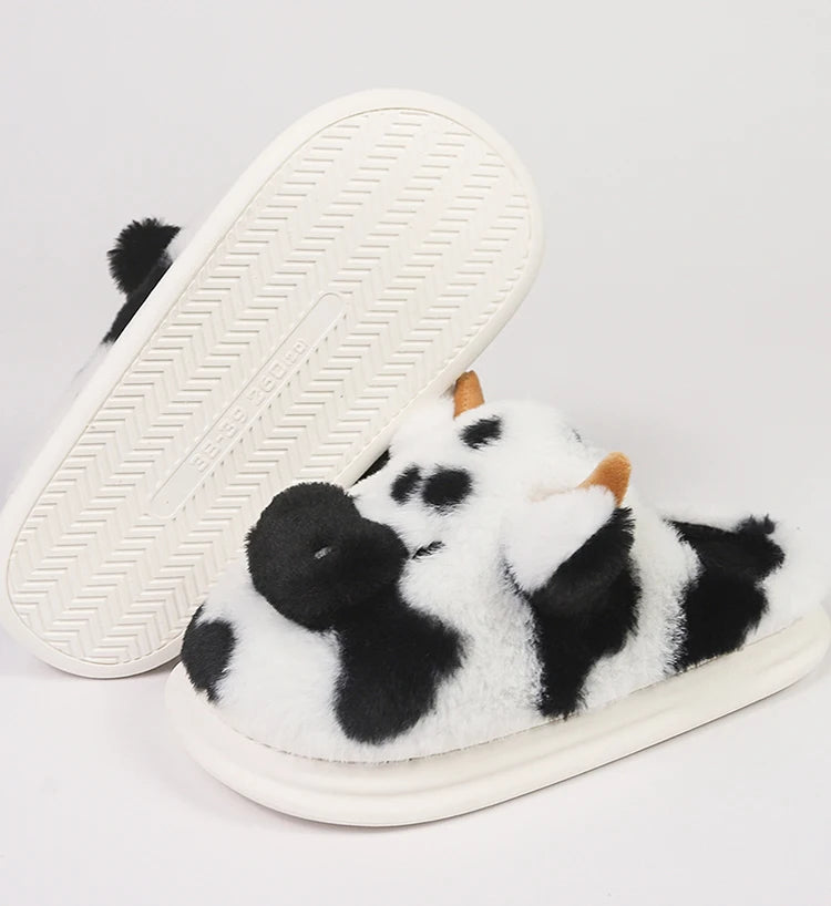 Women's Fluffy Cow Slippers – Cute Cartoon Plush Winter Platform House Shoes