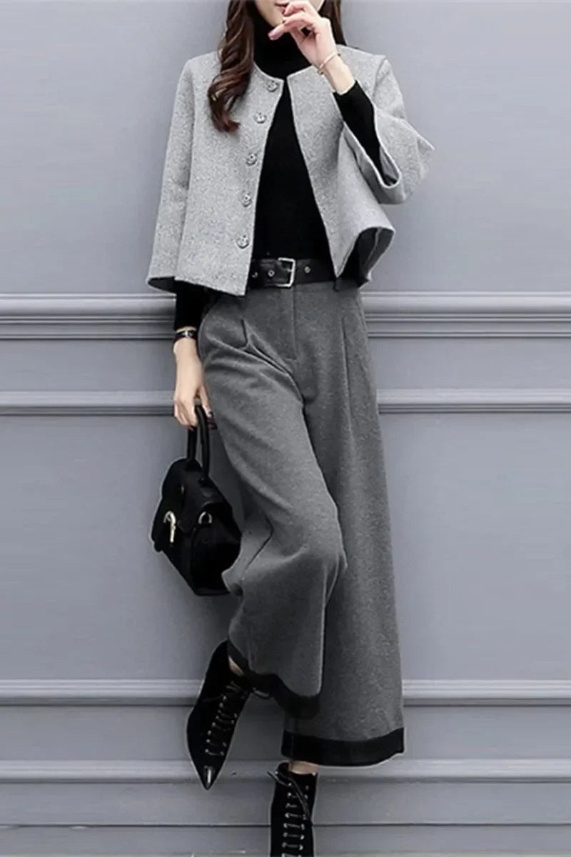 Women's Winter Tweed Pants Set – Elegant Short Jacket & Wide-Leg Trousers 2-Piece Outfit