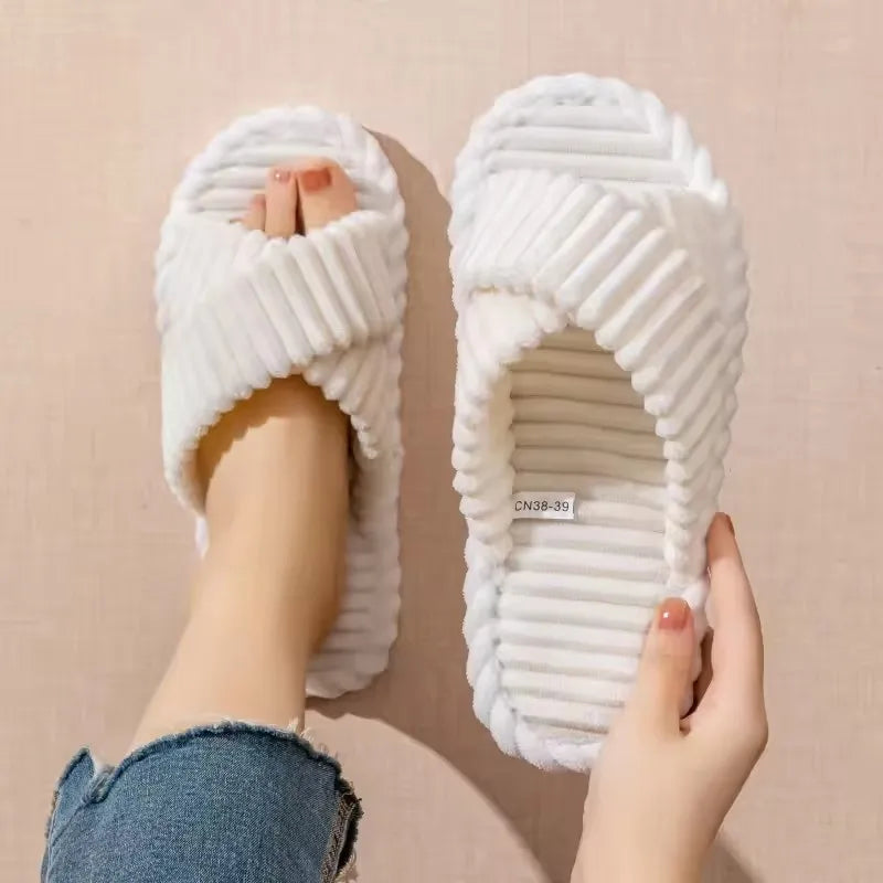 Women's Corduroy Plush Slippers – Warm Winter Cross-Strap Indoor Home Slides