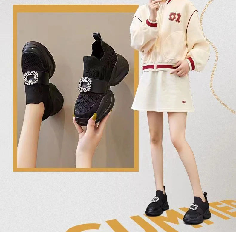 Women's Platform Rhinestone Sneakers – Spring Summer Fashion Slip-On Sports Casual Shoes, Breathable Mesh Walking Sneakers for Women