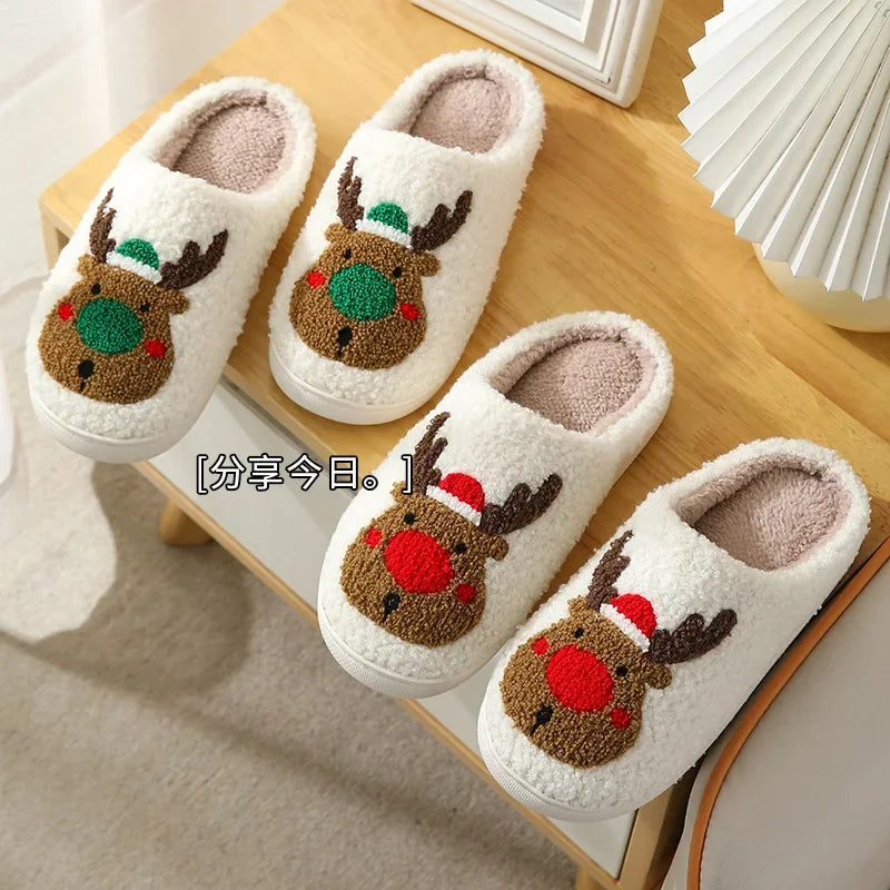 Christmas Reindeer Slippers for Men & Women – Warm Plush Non-Slip Winter House Shoes