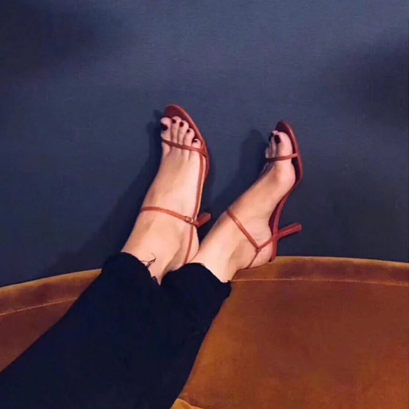 French Style Women Sandal Fashion Narrow Band High Heel Heel Ladies Gladiator Shoes Pointed Toe Ankle Buckle Zapatos Muje