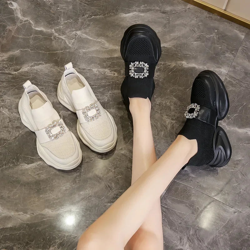 Women's Platform Rhinestone Sneakers – Spring Summer Fashion Slip-On Sports Casual Shoes, Breathable Mesh Walking Sneakers for Women