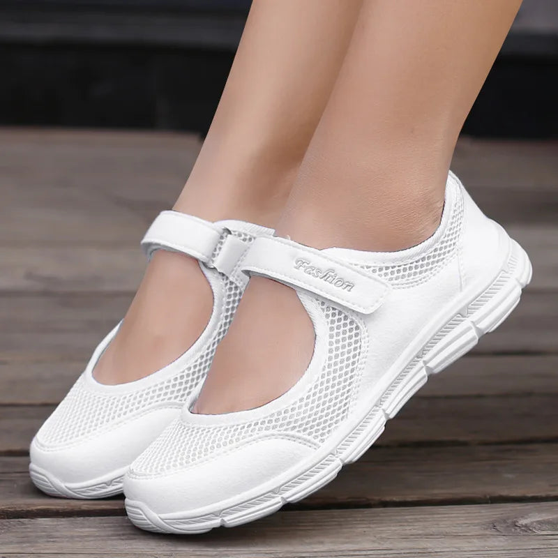 Women's White Mesh Sneakers – Breathable Vulcanized Casual Walking Shoes