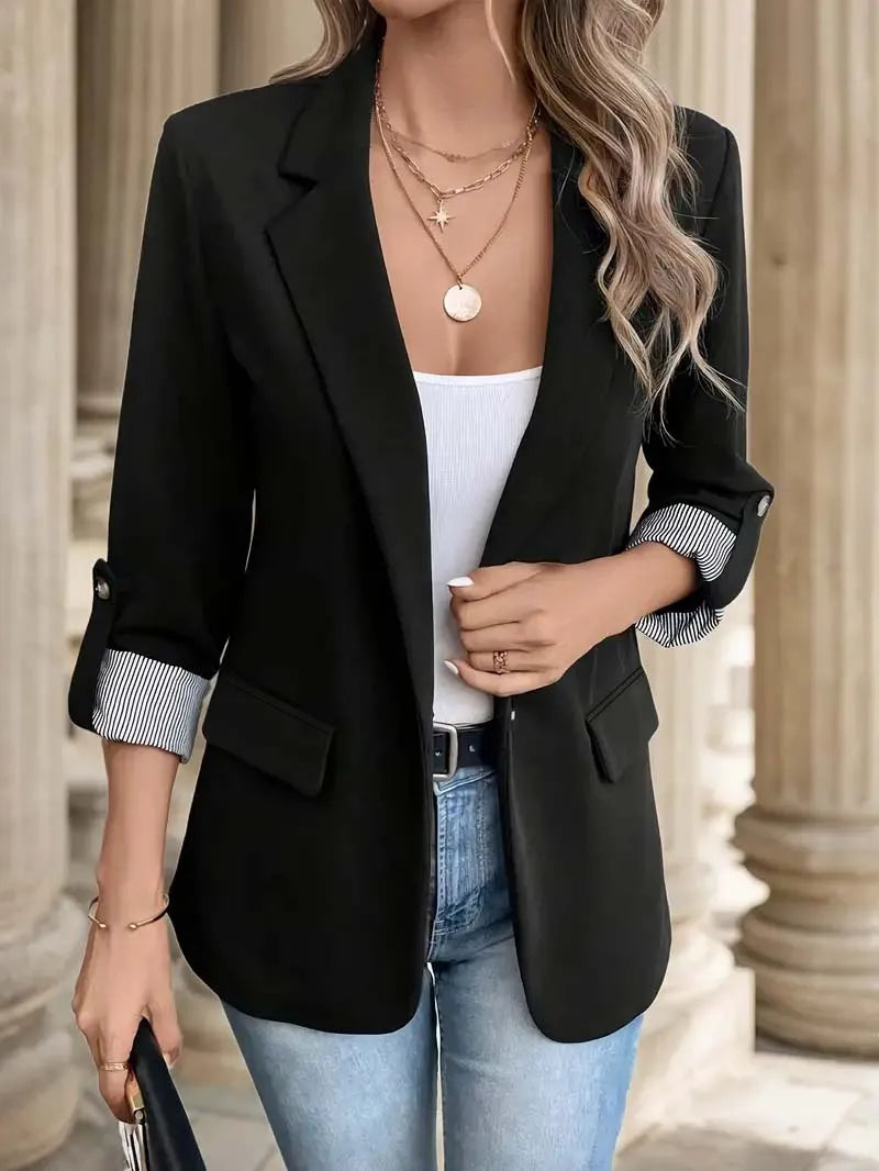 Women's Slim-Fit Button-Up Jacket – Casual Rolled-Sleeve Fashion Blazer