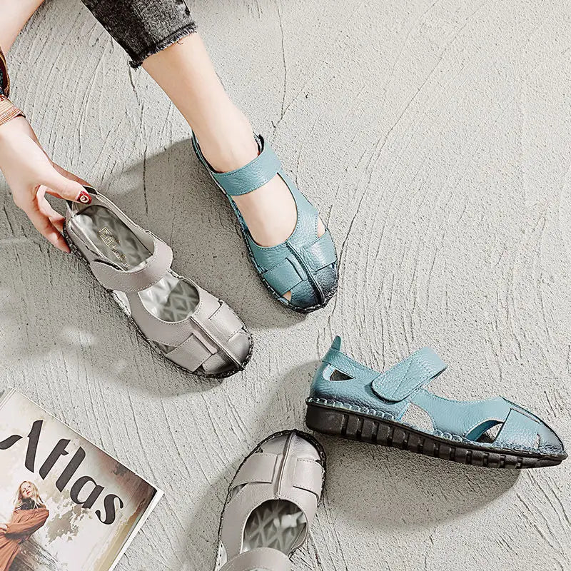 Women's Mary Jane Leather Shoes – Hollow-Out Closed-Toe Summer Sandals, Sizes 35–42