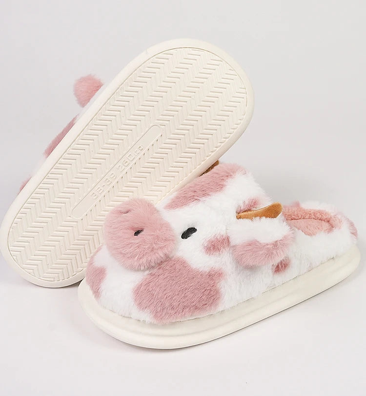 Women's Fluffy Cow Slippers – Cute Cartoon Plush Winter Platform House Shoes